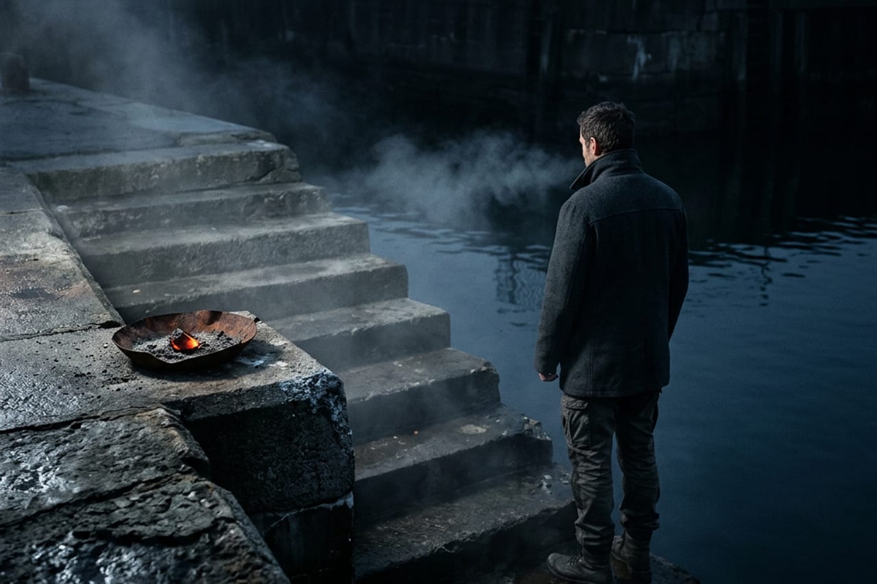 A stone bathhouse interior lit by ember-colored evening light, steam rising off cold water