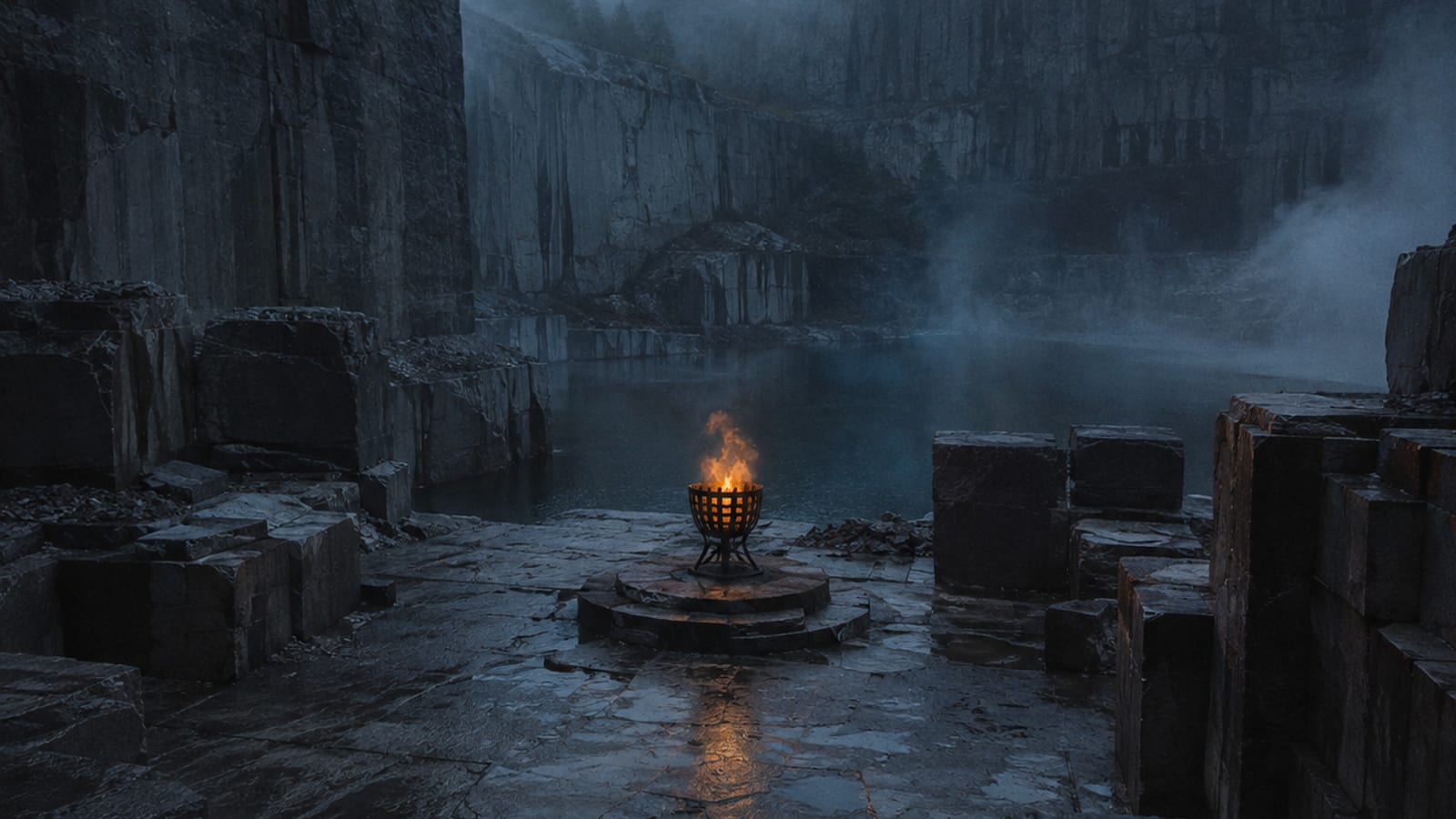 A woman standing at the edge of a cold plunge pool at dawn, steam rising off the dark water, stone and ember lighting