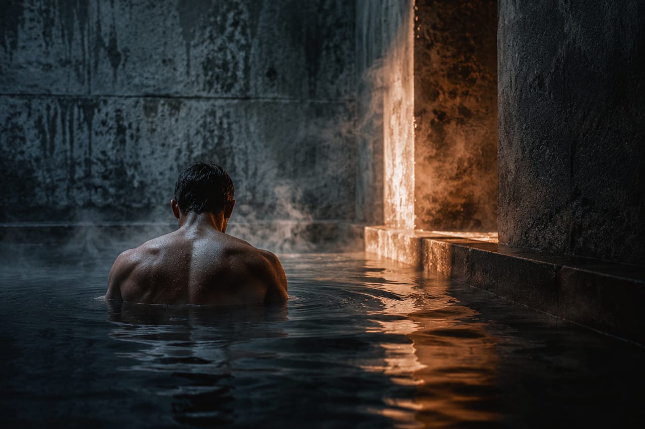 Close, low-light study of steam and skin against dark stone, evoking the body's metabolic warming response to repeated cold exposure