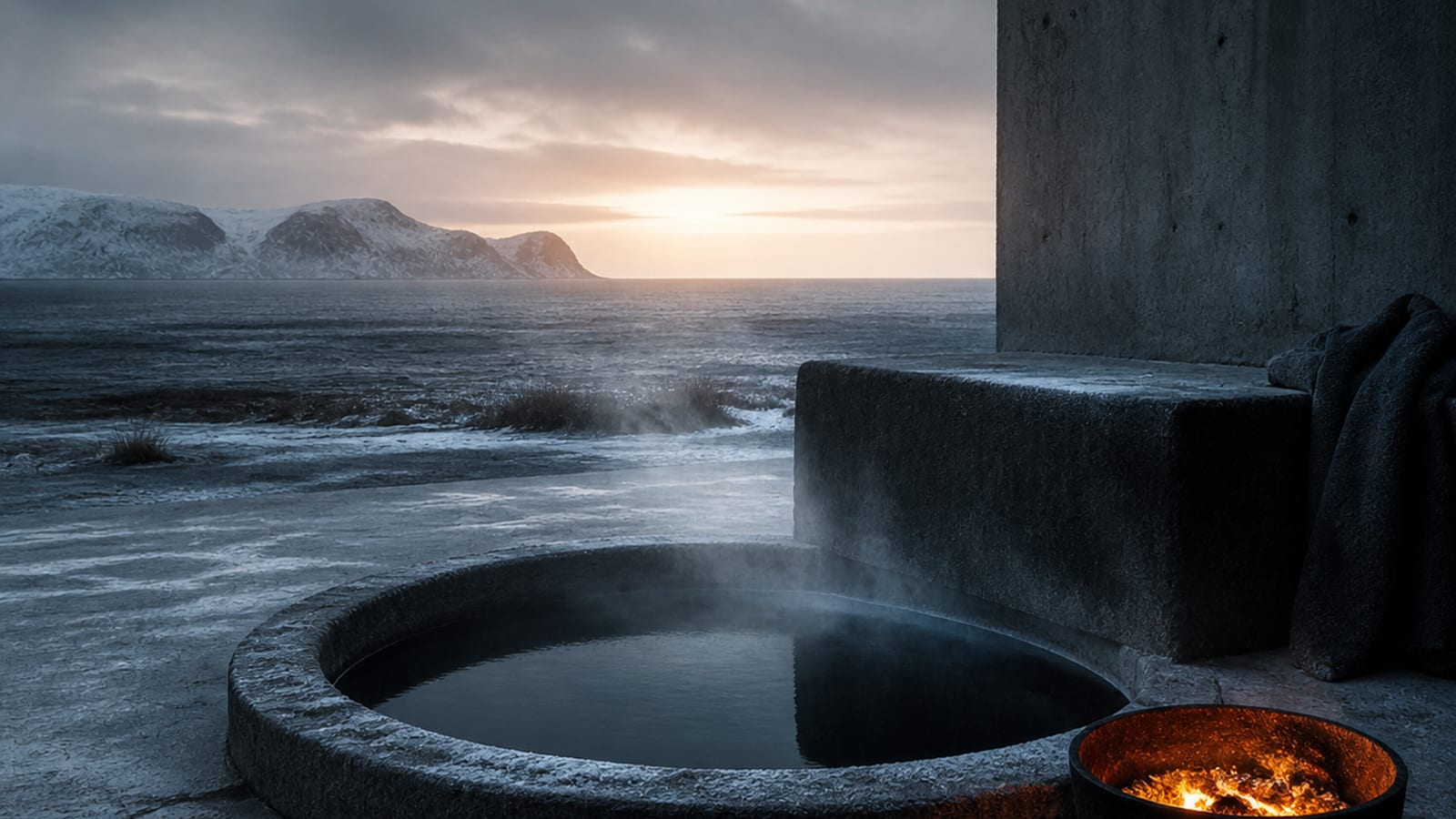 A dark steel cold plunge tub with a chiller unit beside it, set on a stone patio in early morning light