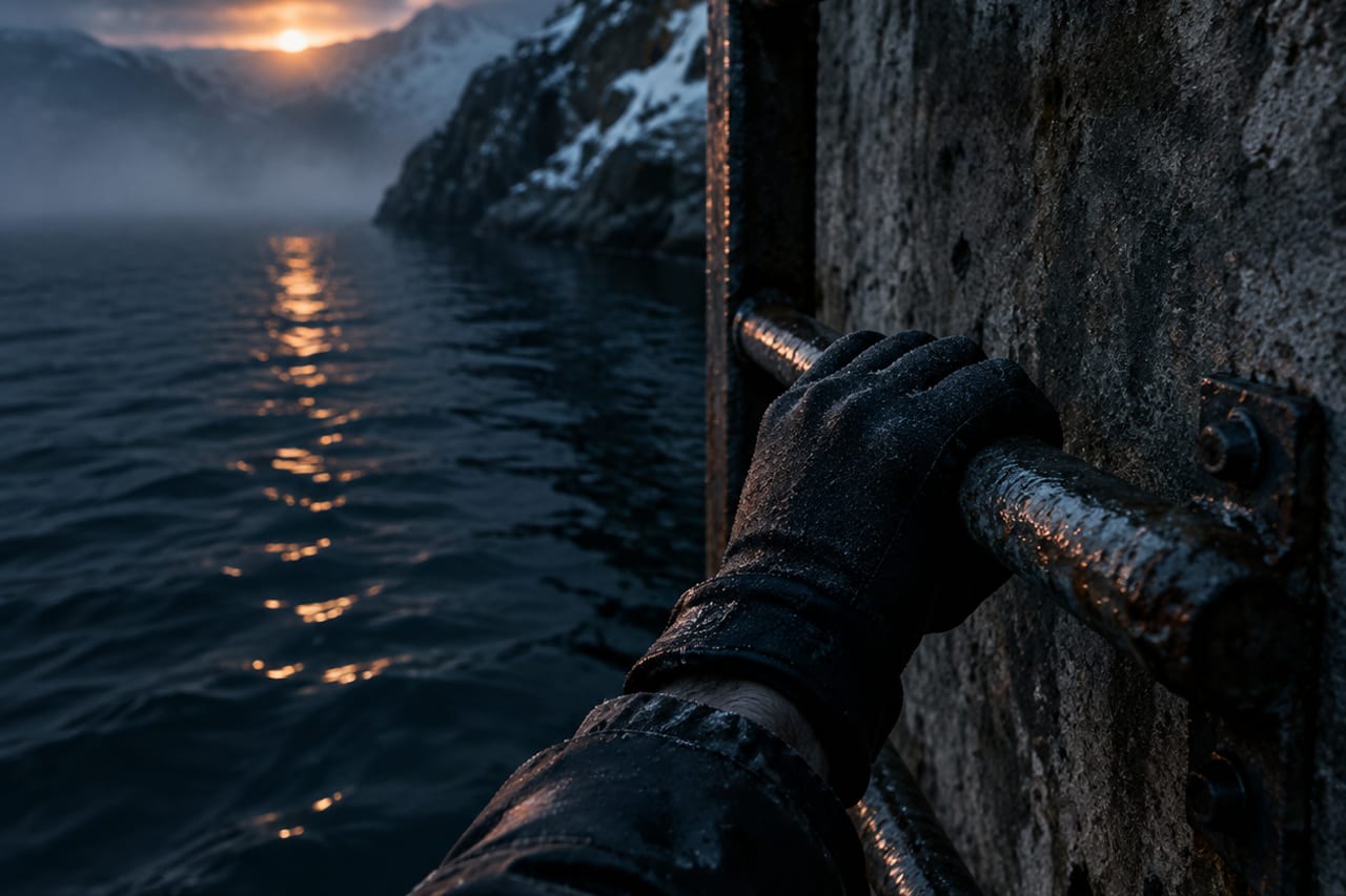 Close-up of a home cold plunge chiller unit with hoses connecting to a stone-set tub, ember-lit evening scene
