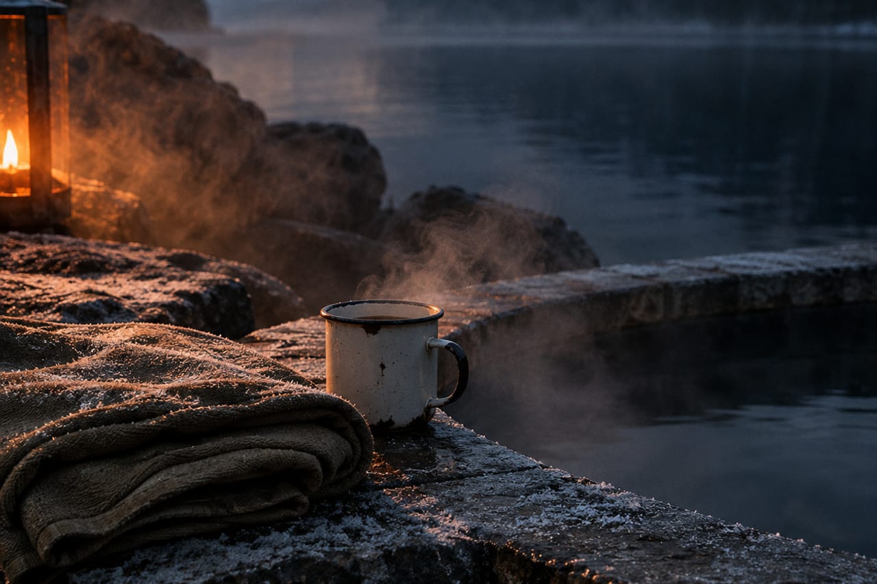 A person stepping out of a home cold plunge tub onto a stone patio, wrapped in a towel at dusk