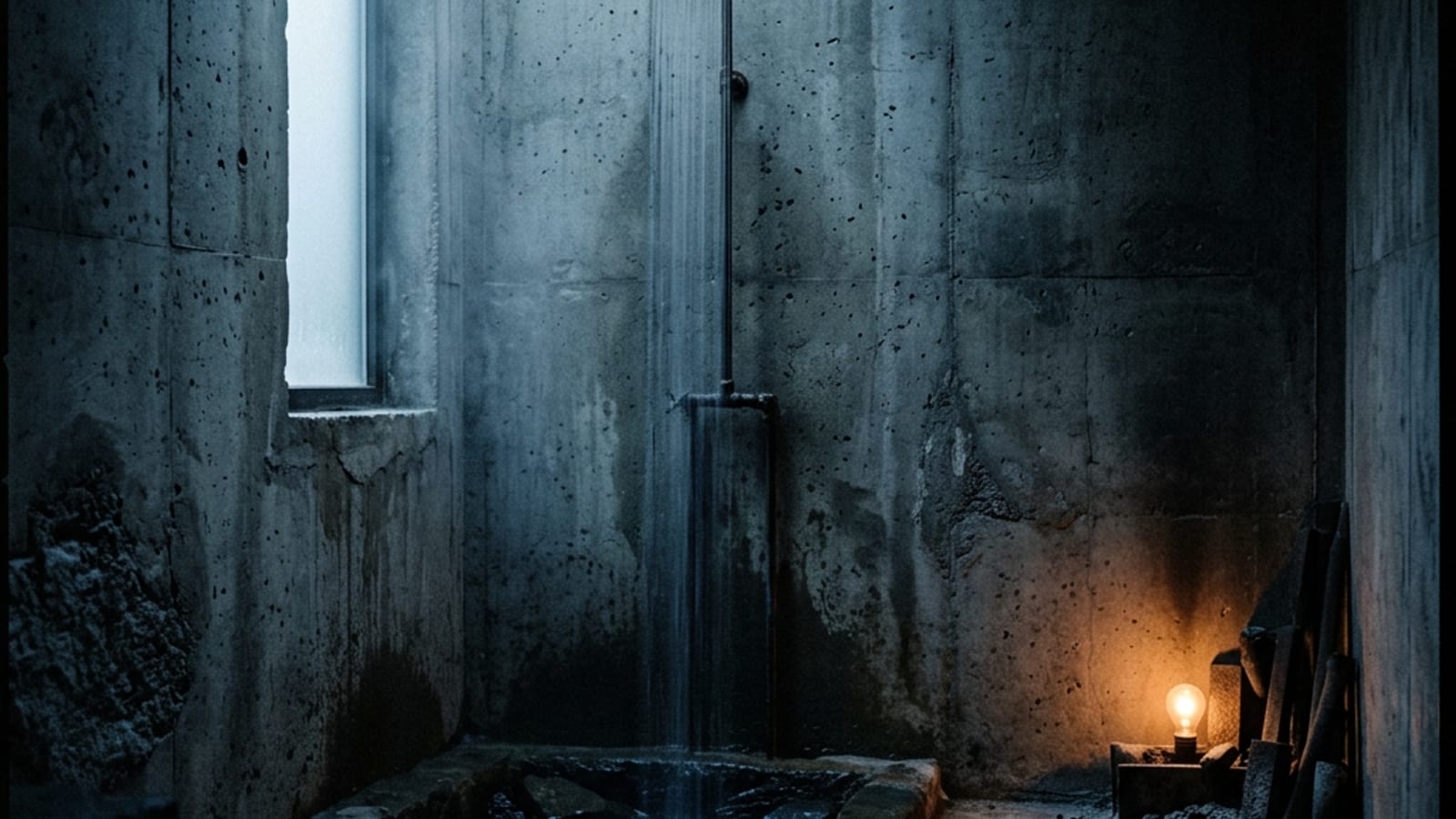 Close-up of a hand reaching toward a shower control in stone-and-ember cinematic light, evoking the moment before a cold shower