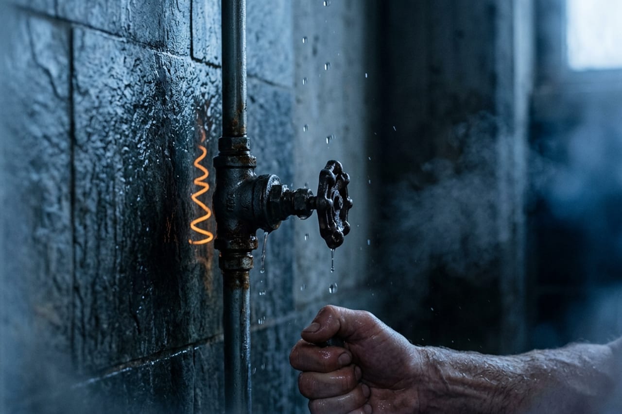 Person standing under running cold water in a stark stone shower stall, lit in ember and steel tones, timer implied