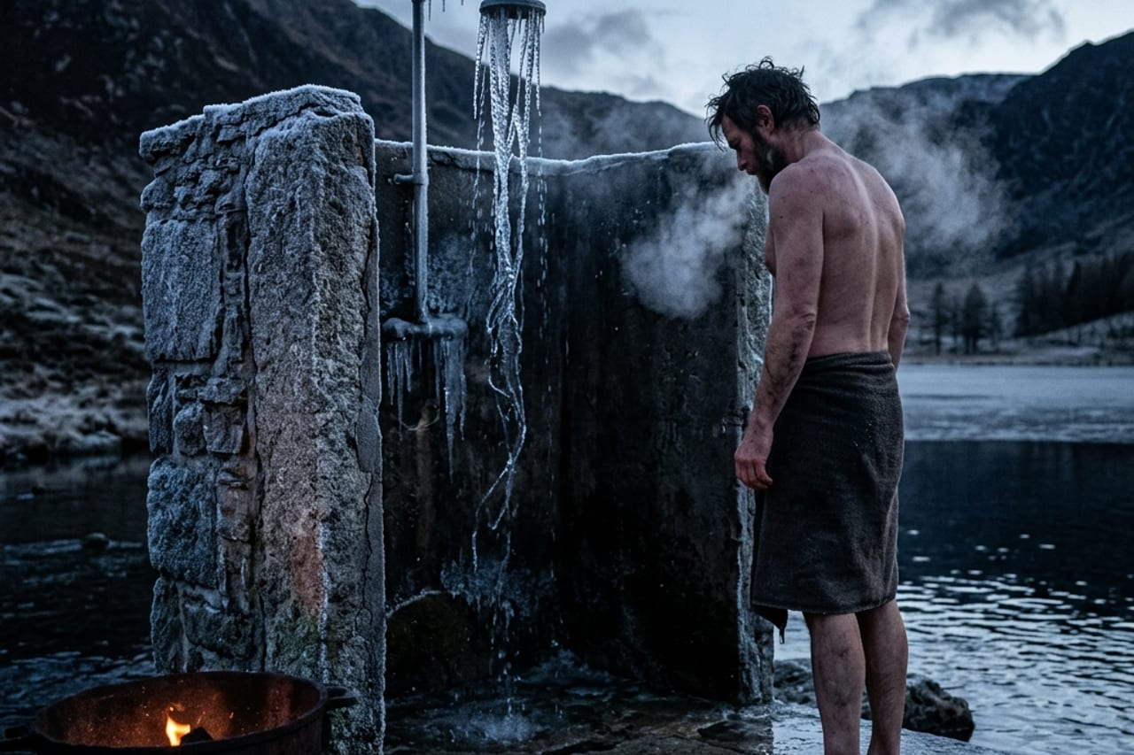 Close view of bare shoulders under a cold shower stream with frosted glass and stone tile in the background