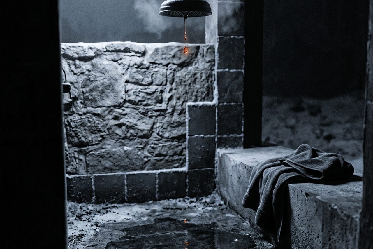 A hand reaching toward a shower dial in a dim, stone-tiled bathroom with early winter morning light