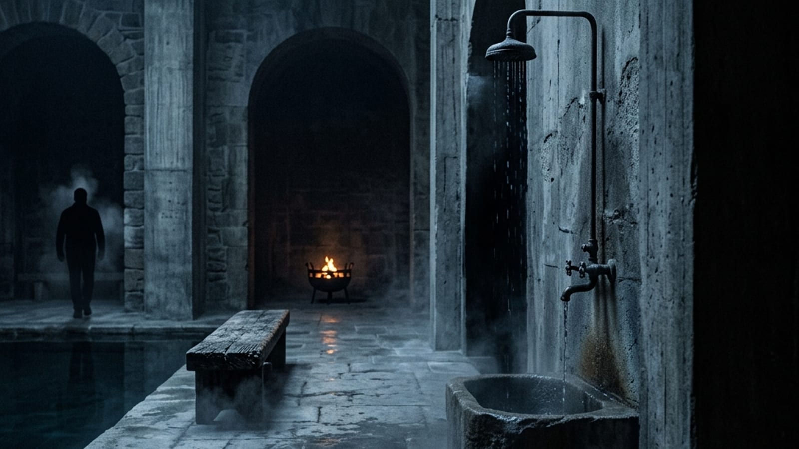 A cold shower stream lit in stark stone-and-ember tones, evoking the short, deliberate duration of a cold-water finish