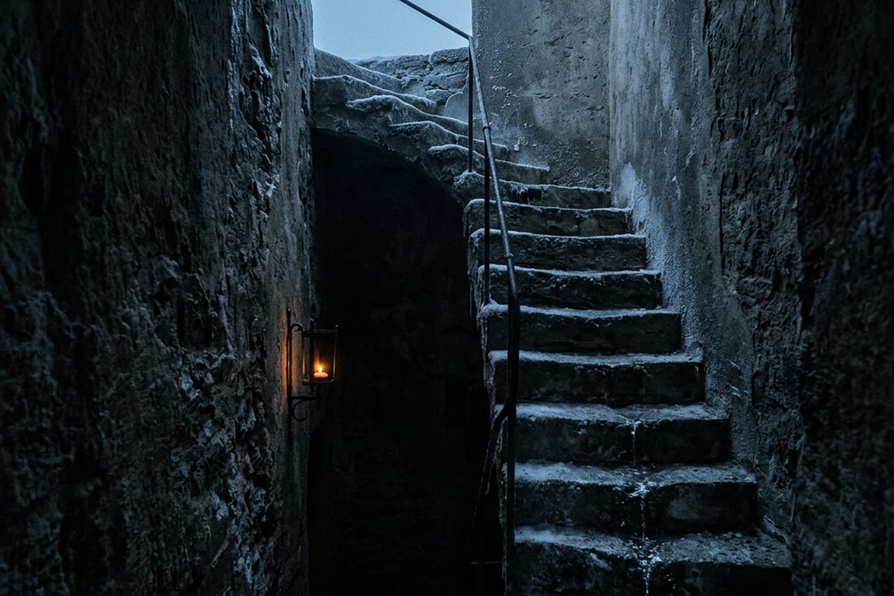 A minimal bathroom scene rendered in stone-and-ember cinematic light, symbolizing timed, deliberate cold exposure