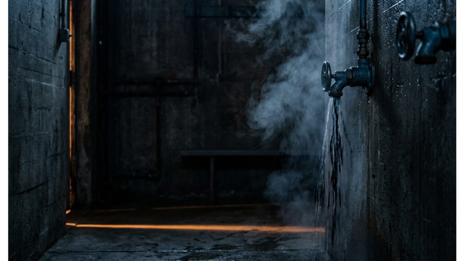 A person bracing at the start of a cold shower, water hitting the shoulders, beginning cold exposure