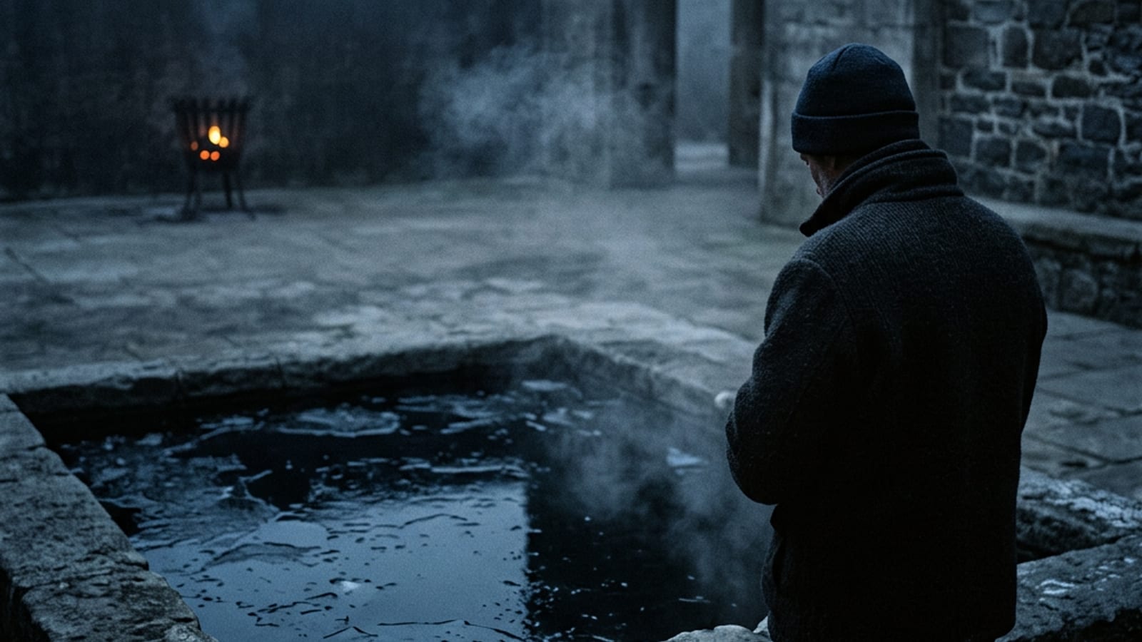 A home bathtub filled with ice water at dawn, steam rising, ready for an ice bath at home
