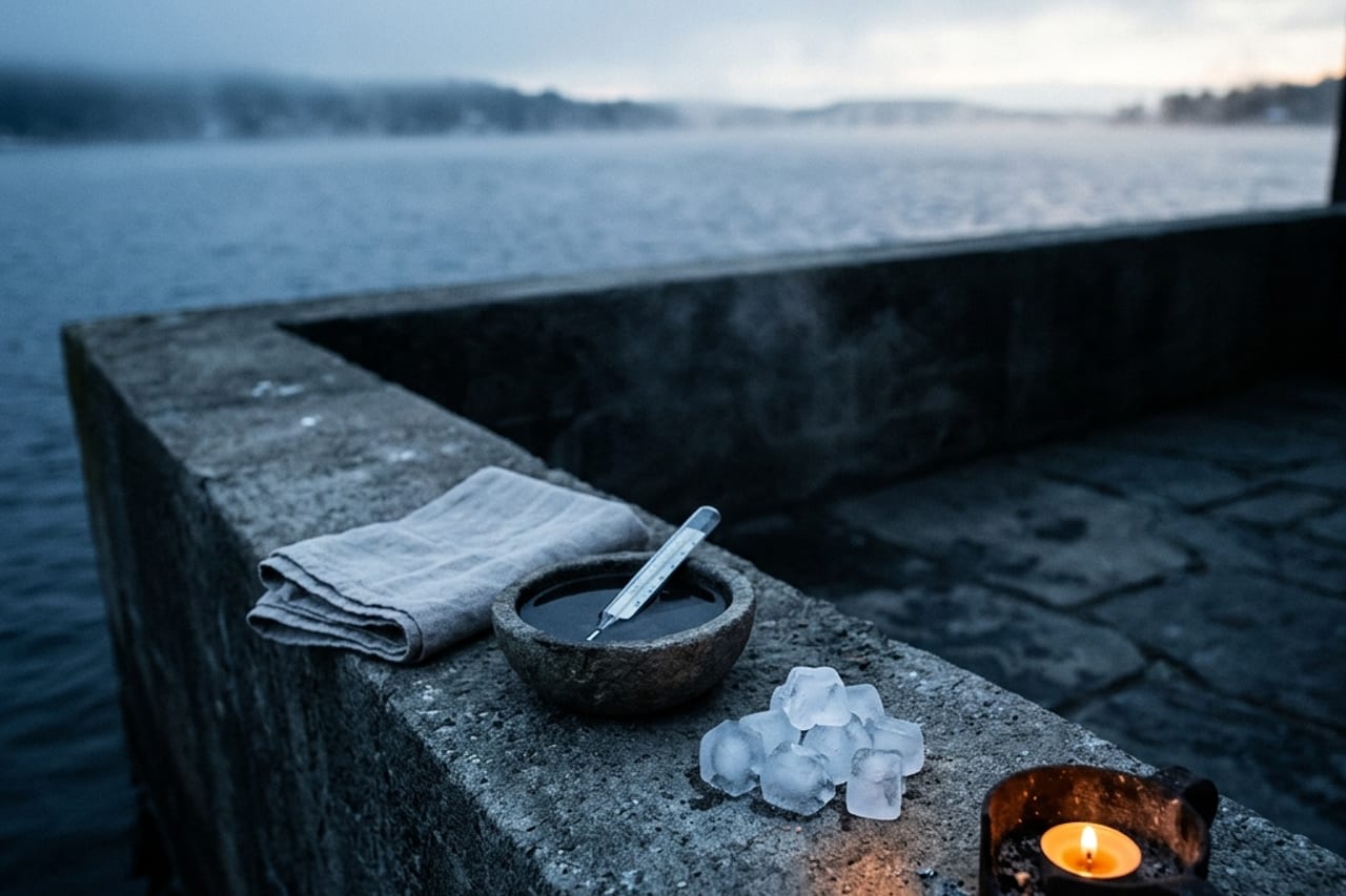 A person sitting upright in an ice bath at home, chest deep in cold water, exhaling slowly to control the cold-shock gasp