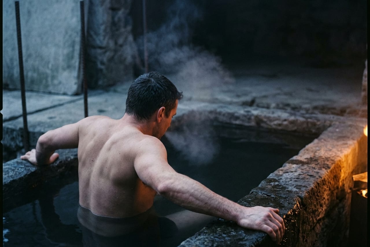 A person stepping out of a home ice bath wrapped in a towel, rewarming calmly after cold-water immersion