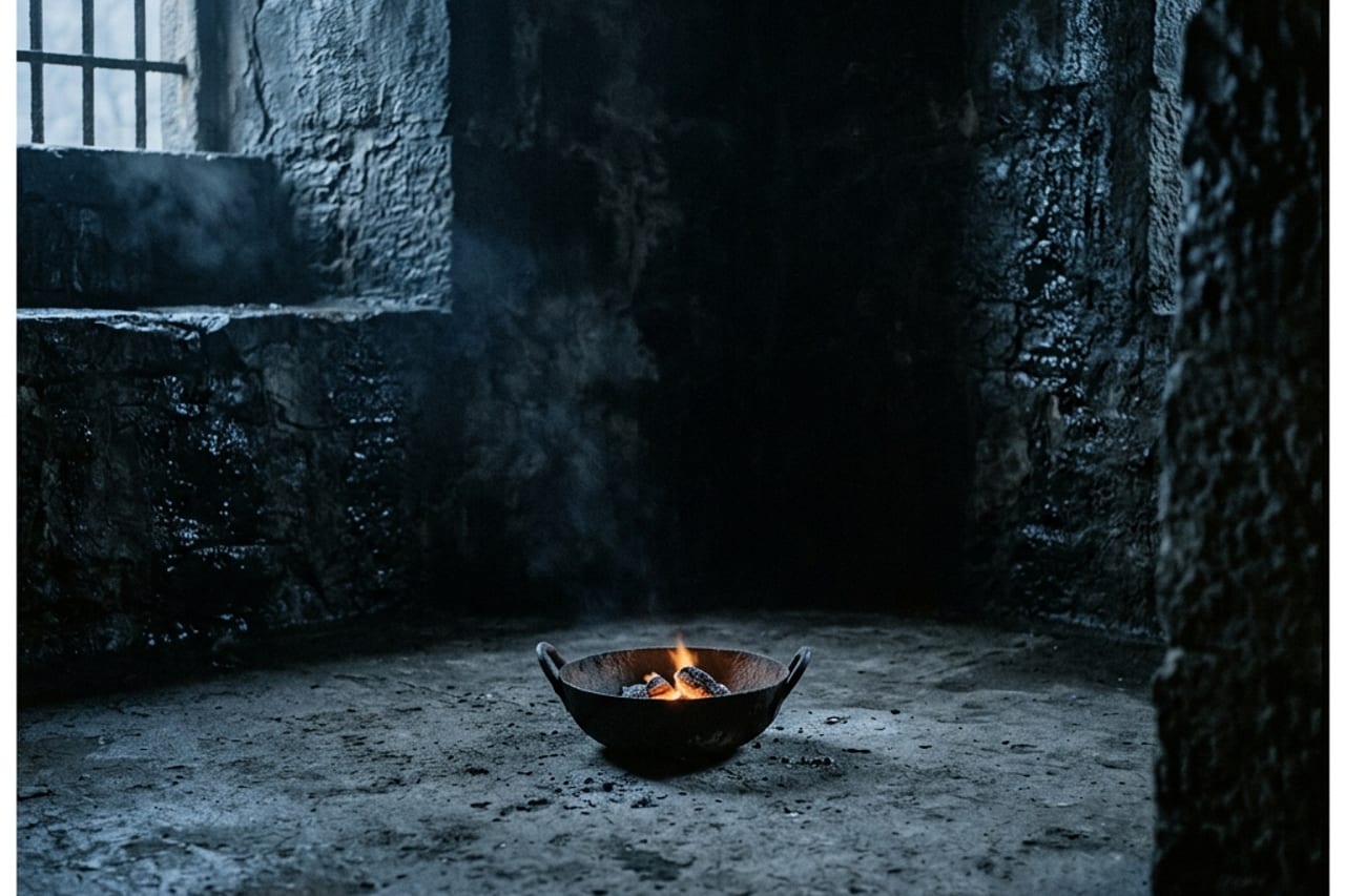 A lone figure sitting cross-legged on cold stone ground in a shadowed courtyard, no devices or company, illustrating chosen solitude and silence