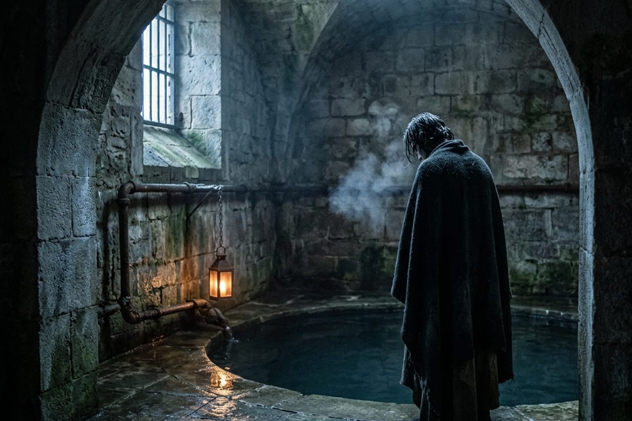 A figure stepping from steam-filled sauna heat into cold plunge water, mid-transition, stone and ember tones