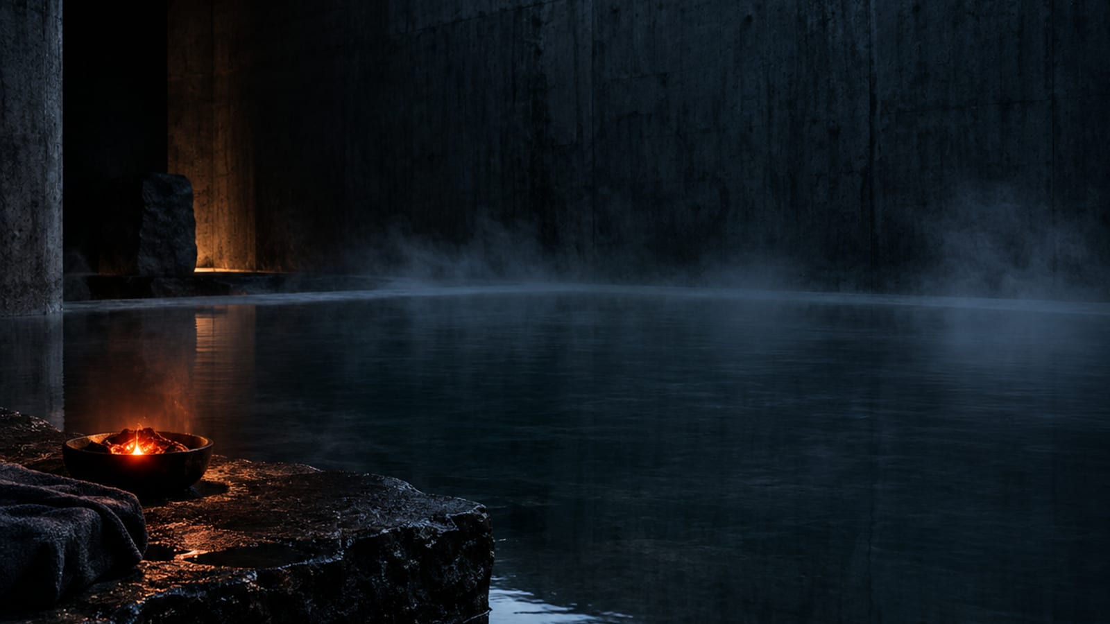 A person lying still in a dark float tank of shallow salt water, lit by a faint ember glow, illustrating sensory deprivation float tank benefits