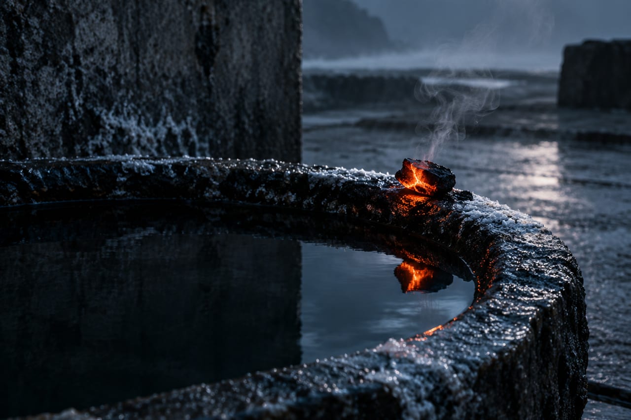 Stone chamber with a single glowing ember reflected in dark still water, evoking the quiet of a sensory deprivation float tank