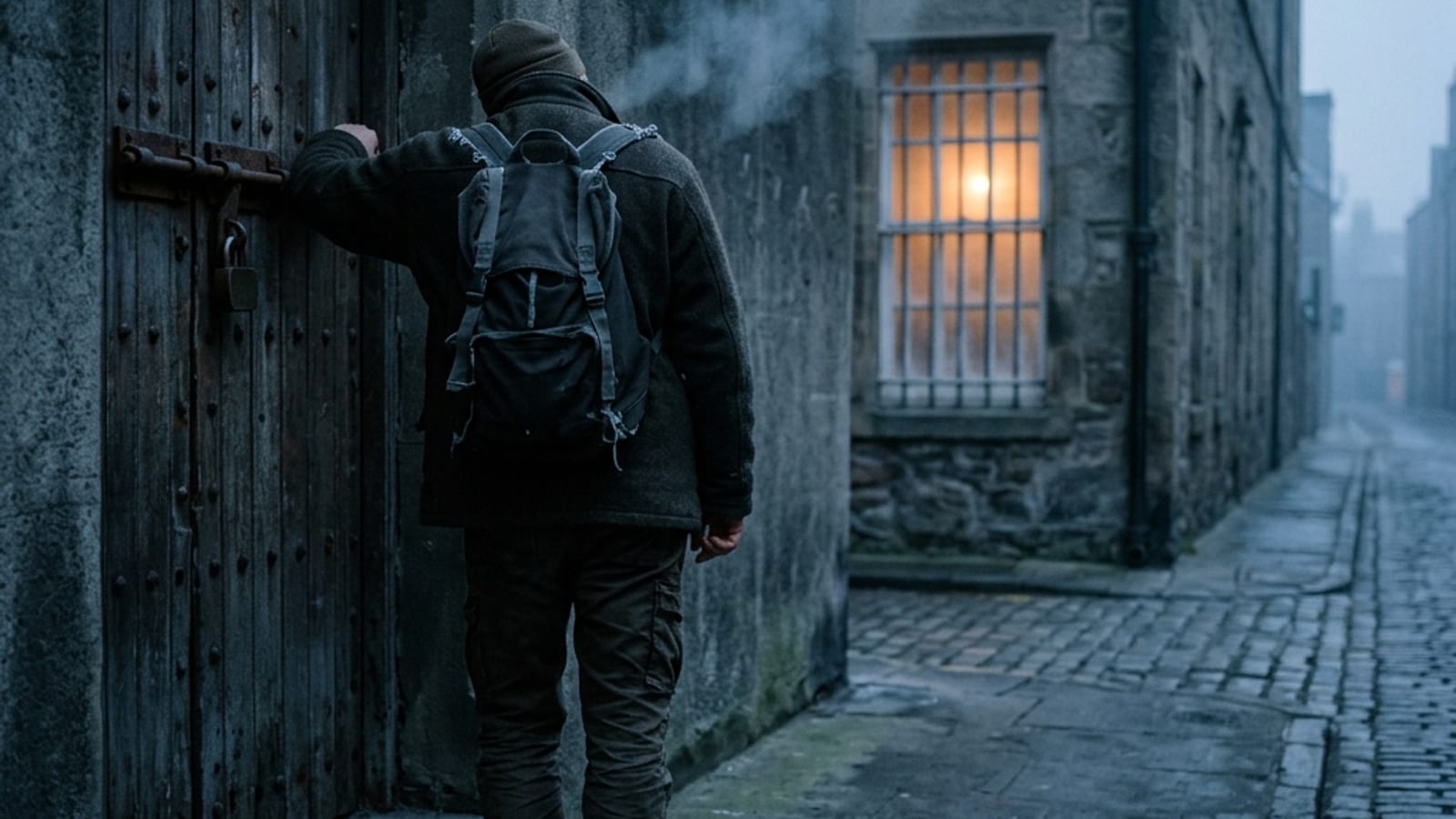 A weighted rucksack resting on stone steps at dawn, straps loosened, ready for a training walk