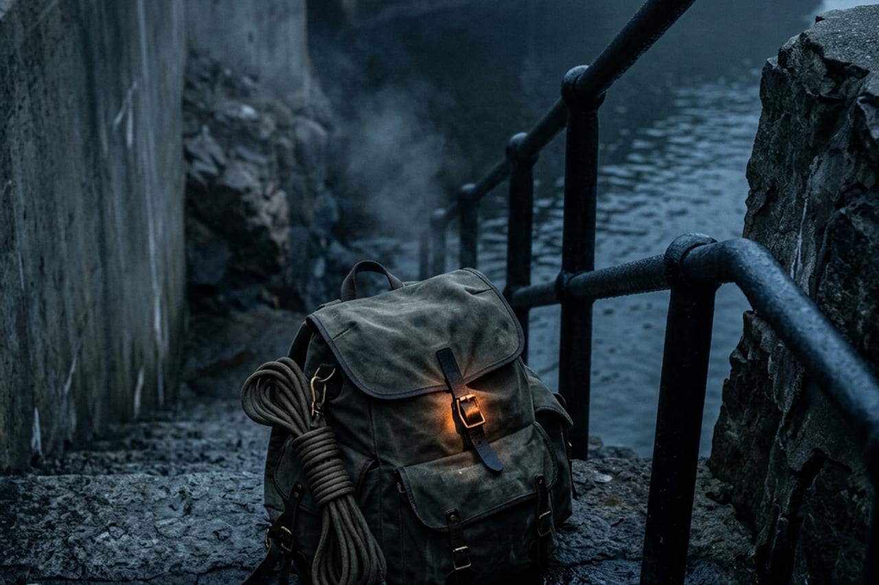 Close-up of hands adjusting the shoulder straps of a loaded rucksack, stone wall in soft ember light
