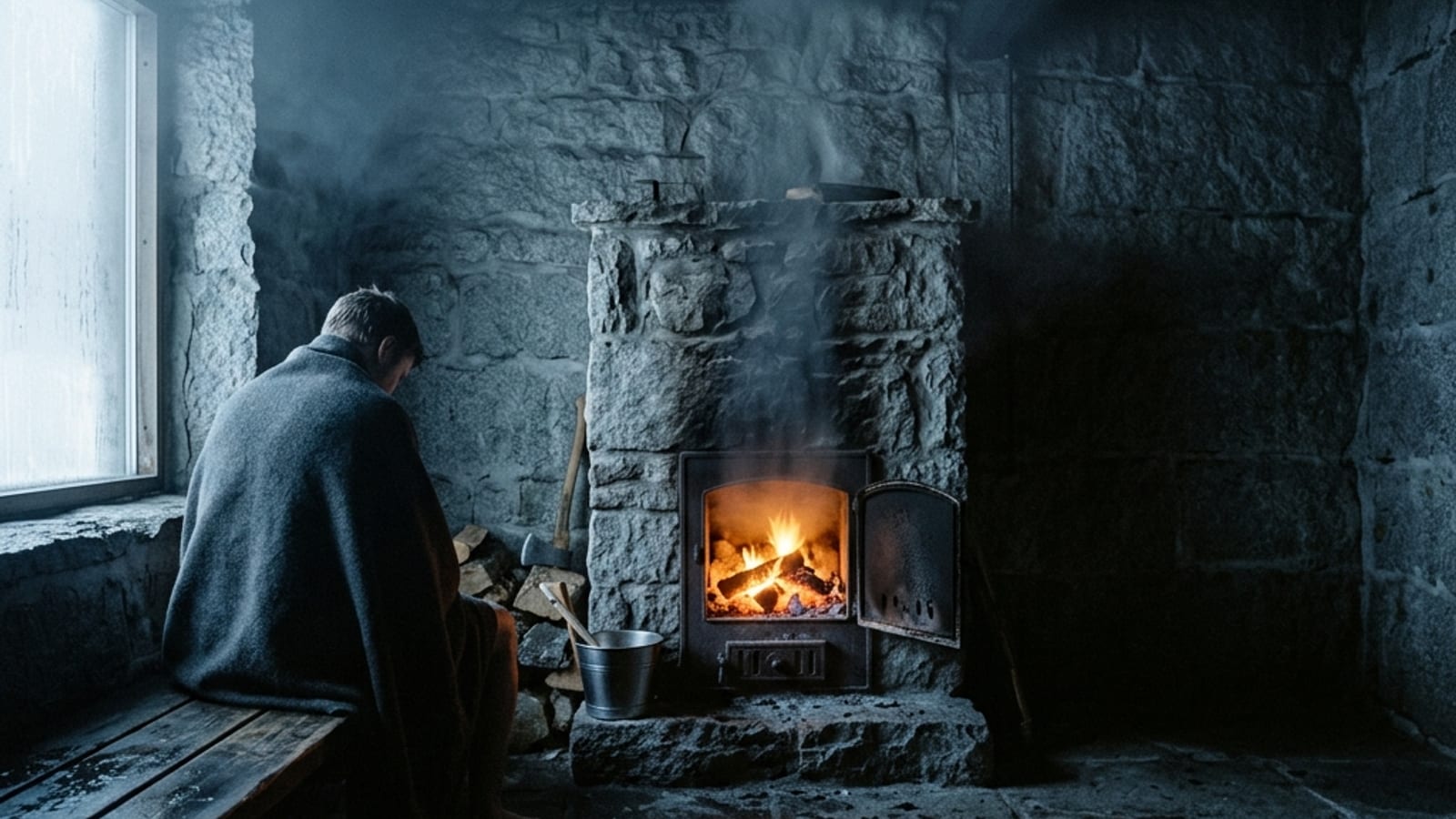 A dim wooden sauna interior with stones glowing ember-orange in the heater, steam rising in low light