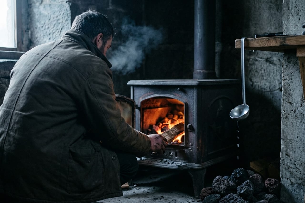 A man sitting alone on a wooden sauna bench, head lowered, sweat visible, warm ember light through steam
