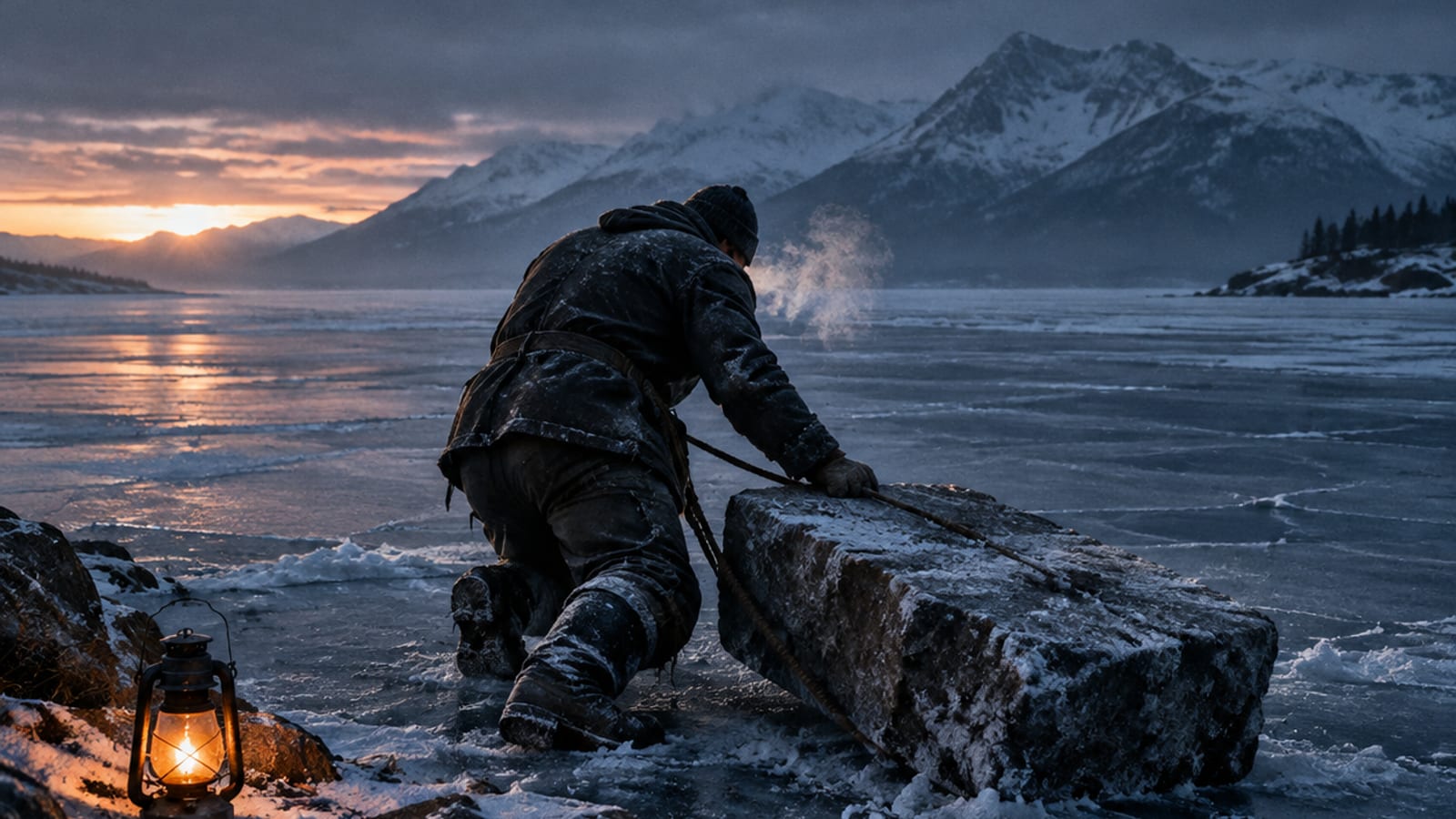 A lone figure crossing rugged open terrain at dawn carrying a heavy pack, representing a modern misogi challenge
